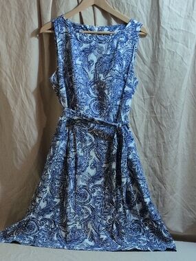 Blue Paisley Belted Sleeveless Dress - Women